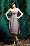 Brown Bridesmaid Gown Strapless Tea length Chiffon A-line