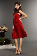 Red Bridesmaid Dresses Strapless Knee length Beaded Chiffon A-line