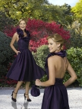 Purple Bridesmaid Dress Halter-top Tea length Ruffled Taffeta