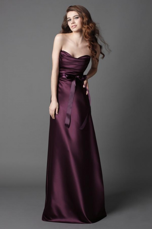 Plum Strapless Full Length Ribbon Sash Satin Bridesmaid Dress