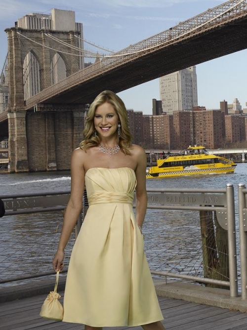 Yellow Strapless Knee length Gathers Satin A-line Bridesmaid Dress