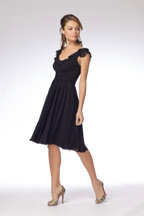 Black Bridesmaid Dresses Knee Length Chiffon Short Sleeves