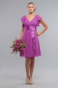 V neckline Cap Sleeves Chiffon Lilac Bridesmaid Dresses