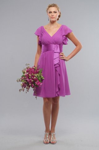 V neckline Cap Sleeves Chiffon Lilac Bridesmaid Dresses