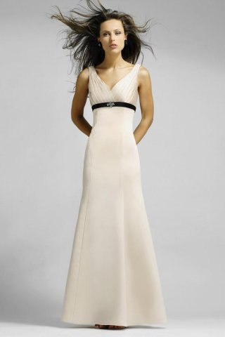 V-neck Straps Full length Sash Matte Satin A-line Bridesmaid Dress