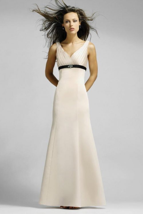 V-neck Straps Full length Sash Matte Satin A-line Bridesmaid Dress