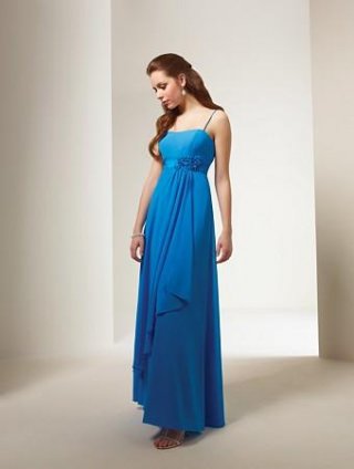 Blue Square Full length Satin Chiffon Florals A-line Bridesmaid Dress