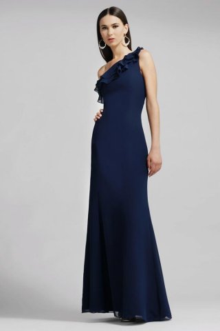 Navy Asymmetry Straps Full length Chiffon Mermaid Bridesmaid Dress