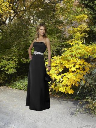 Black Strapless Full length RIbbon Satin A-line Bridesmaid Dress