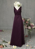 V-neck Full length Eggplant satin A-line Junior Bridesmaid Dress