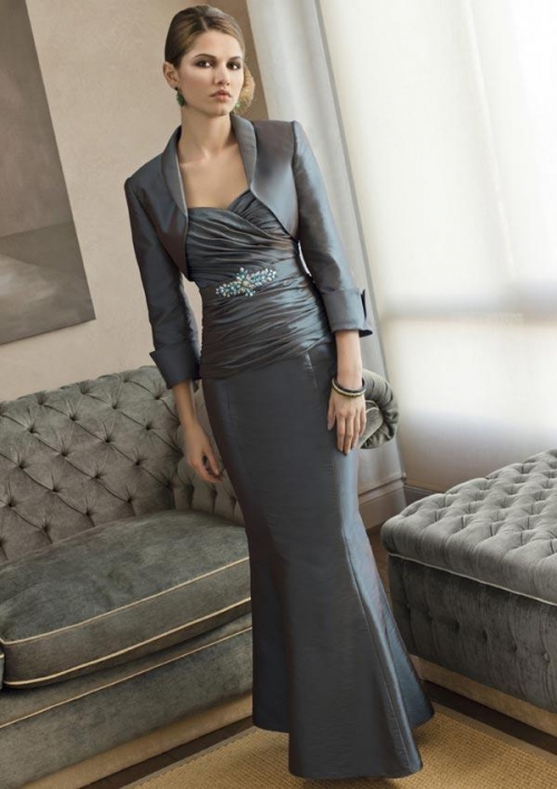 Sweetheart Full Length Beaded Sheath Sleeves Mother of Bride Dress