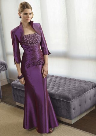 Plum Full Length Beaded Sheath Mother of the Bride Dress