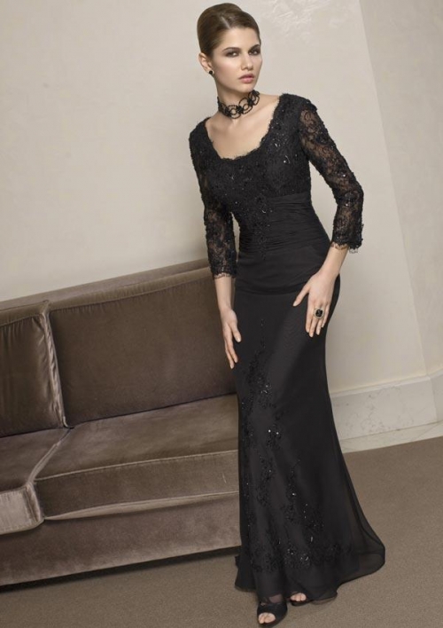 Black U-neck Lace Sheath Mother of the Bride Dress with sleeves