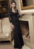 Black V-neck Beaded Lace Column/Sheath Mother of the Bride Dress