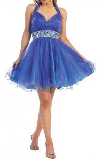 Short Blue Prom Gown Beaded Halter Organza Homecoming Dress