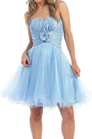 Short Light Blue Prom Gown Flower Taffeta Homecoming Dress