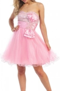 Short Light Pink Prom Gown Beaded Satin Homecoming Dress