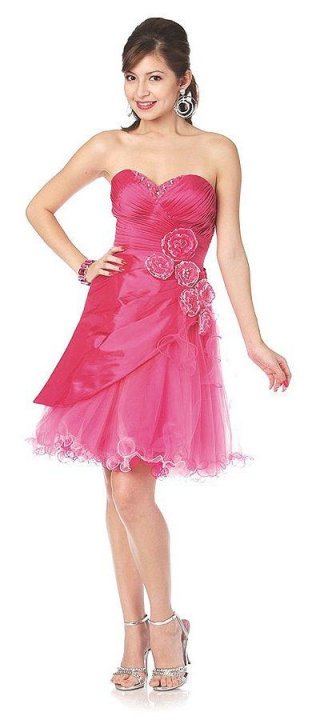 Short Fuchsia Prom Gown Flower Beaded Taffeta Sweetheart