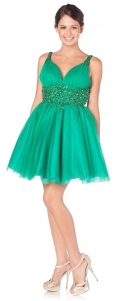 Green Prom Dress Beaded Tulle Straps Cocktail Length Gown