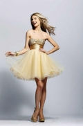 Gold Clcktail length Beaded Sash Tulle Prom Gown Homecoming Dress