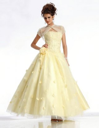 Yellow Strapless Ankle length Organza Satin Prom Gown