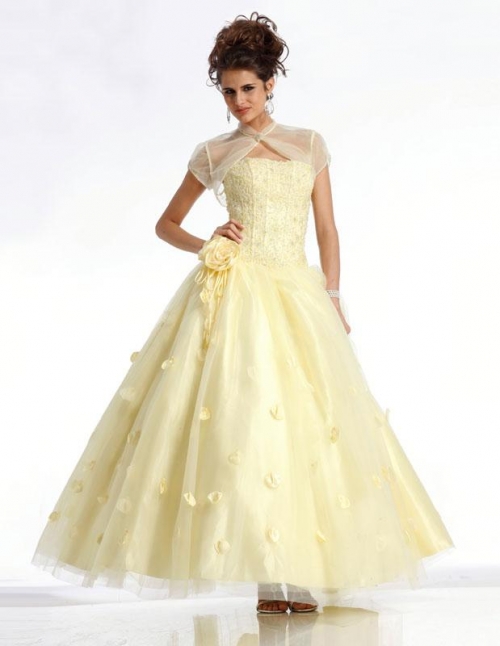 Yellow Strapless Ankle length Organza Satin Prom Gown
