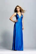Halter Top Full length Beaded Royal Blue Satin Prom Gown