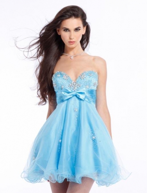 Blue/Pink/Yellow Beaded Organza Prom Gown Homecoming Dress