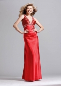 V-neck Full length Straps Crystal Beaded Silk like Satin Prom Gown