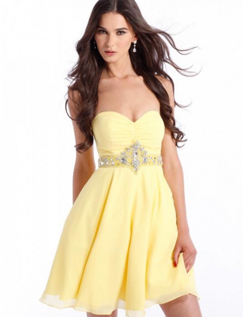 Yellow Strapless Beaded Chiffon Prom Gown Homecoming Dress