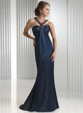 Midnight Blue Halter jeweled Sheath Prom Gown Evening Dress