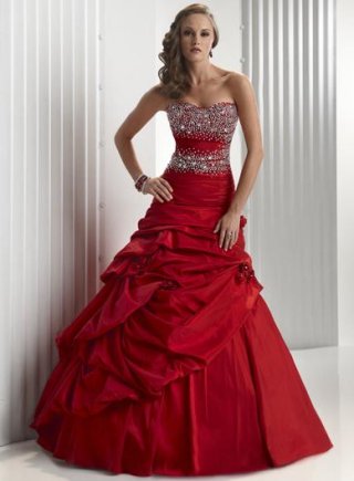 Red Strapless Beaded Flowers Ruffles Ball Gown Prom Dress