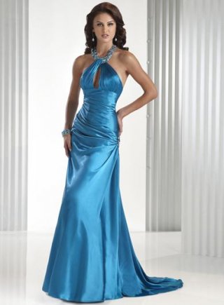 Blue Halter Keyhole Beaded Full length Prom Dress