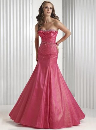 Hotpink Ruffled Beads Taffeta Long Formal Prom Dress
