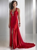 Valentine Red V-neck Crystals Sheath Long Prom Dress