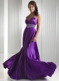 Purple V-neck Halter Pleated Beaded Prom Gown Evening Dress