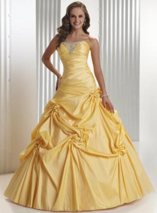 Yellow Strapless Pleated Ball Gown Long Prom Dress