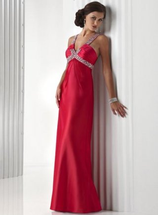 Red V-neck Beaded Satin Sheath Long Prom Dress