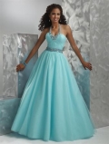 Frosty Aqua/Red/Light purple Halter top Long Prom Gown