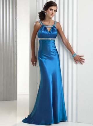 Blue Beaded Satin Sheath Long Evening Gown Prom Dress
