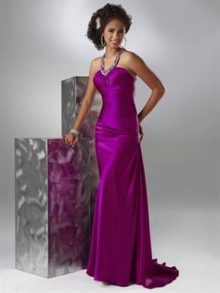 Hot cerise/Teal/Charcoal Halter Full length Prom Gown