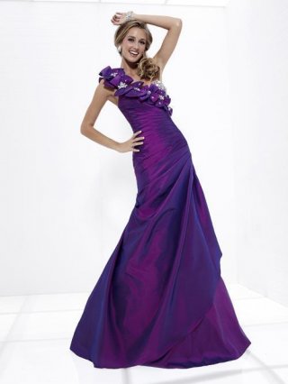 Purple Prom Gown Beaded Flower A-line Taffeta One Shoulder
