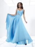 Blue Prom Gown Beaded Chiffon One Shoulder A-line