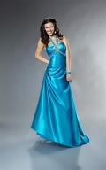Turquoise Prom Gown Beading Charmeuse A-line Halter Top