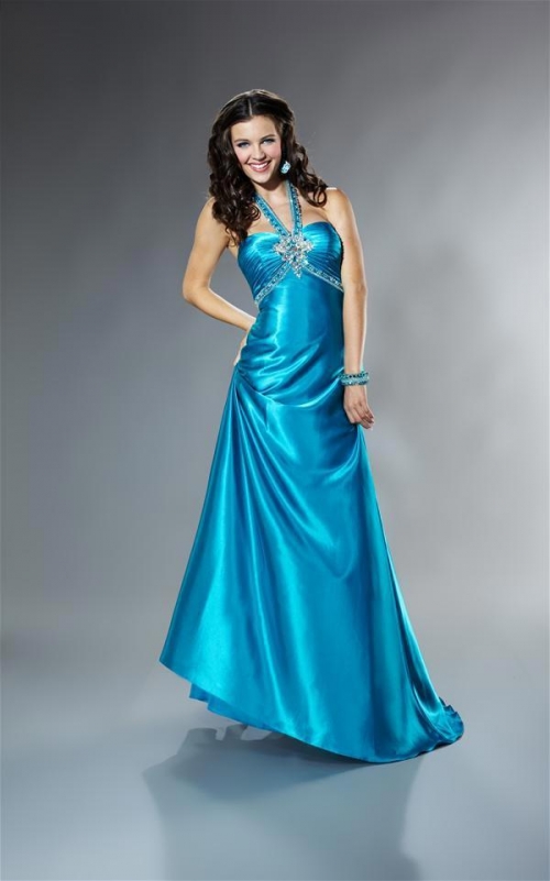 Turquoise Prom Gown Beading Charmeuse A-line Halter Top