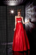 Elegant Red Prom Gown Beaded Sash A-line Satin Strapless