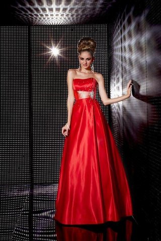 Elegant Red Prom Gown Beaded Sash A-line Satin Strapless