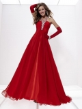 Red Prom Gown Long Beading Chiffon Straps A-line