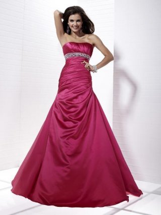 Fuchsia Prom Gown Long Beading Satin Strapless A-line