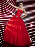 Red Prom Dresses Beaded Tulle Square Ball Gown